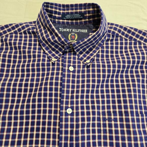 Vtg 90s Tommy Hilfiger Men's Blue Plaid Long Sleeve Button-down Shirt Size XL - Picture 2 of 10
